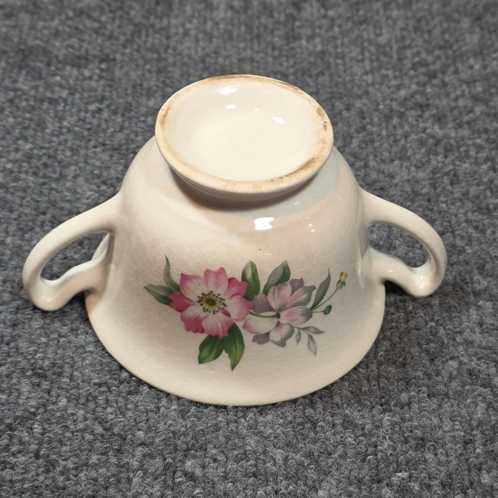 Vintage Floral Ceramic Sugar Bowl Lid Cream Pink Crazed Glaze Pedestal Grandma